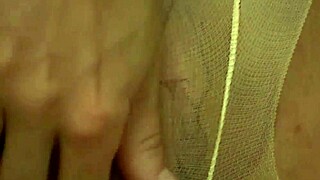 blonde rips off stockings to masturbate pussy and lick up all her juices