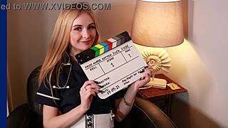 victoria greene slurps huge cock at milking table then gets her uniform cum drenched facial covered