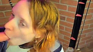 Chained slut kneels gagging on cock deepthroat facefucked cumcovered choking on knees