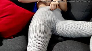 Horny Miss Jasmin sucks dildo and fingers pussy in leggings