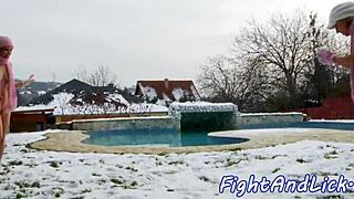 euro dykes wrestle hard then lick pussy in jacuzzi