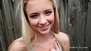 blonde bangs hard on outdoor lawn pov
